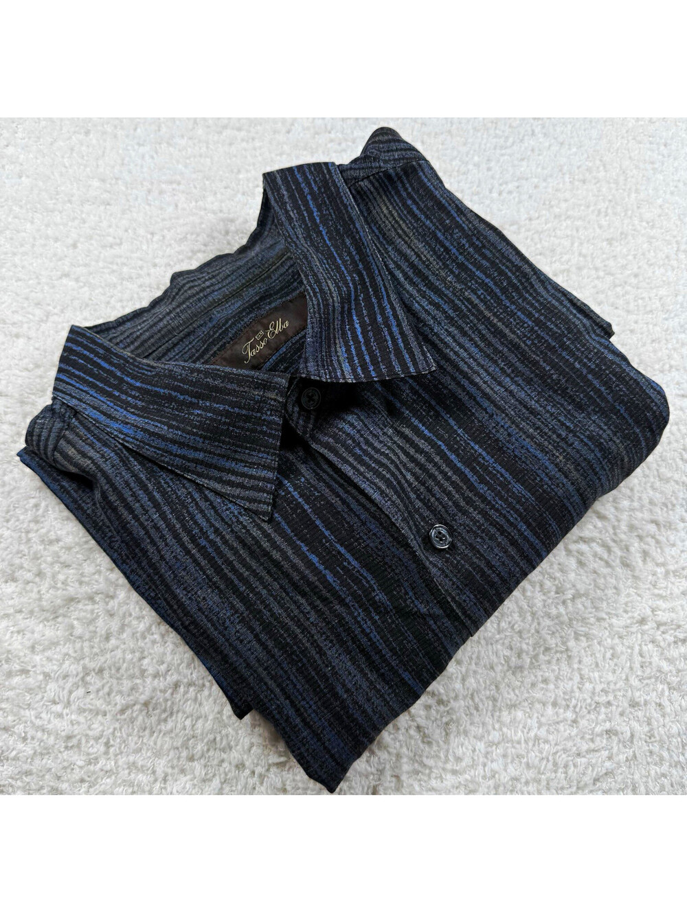 Tasso Elba Men’s XXL Silk Linen Shirt Blue Black Striped Short Sleeve Luxury